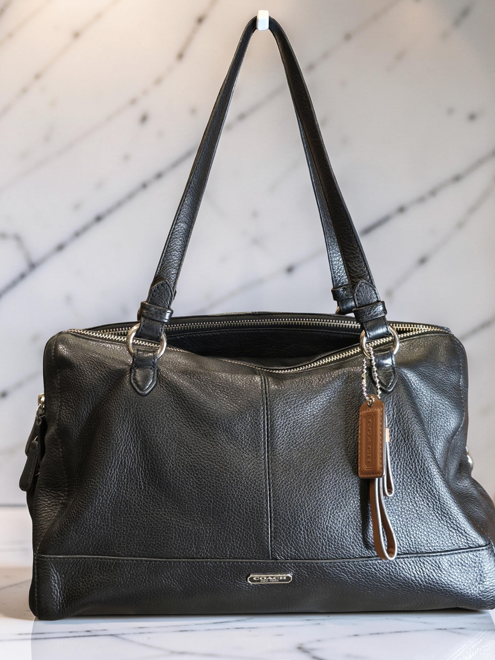 Coach Park Katheryn Black Pebbled Leather Triple Zip Carryall Satchel